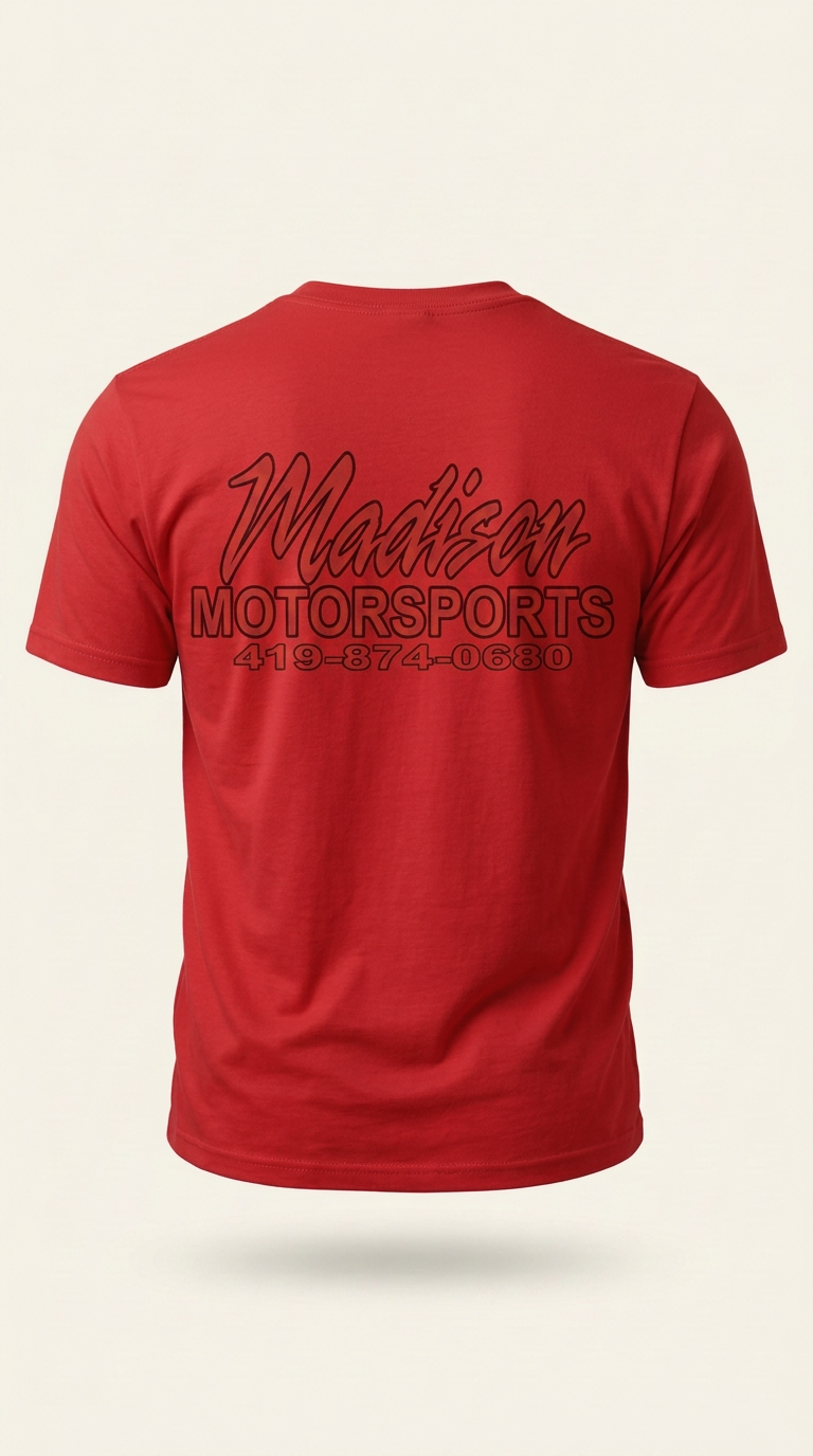 Red Madison Motorsports t-shirt — back