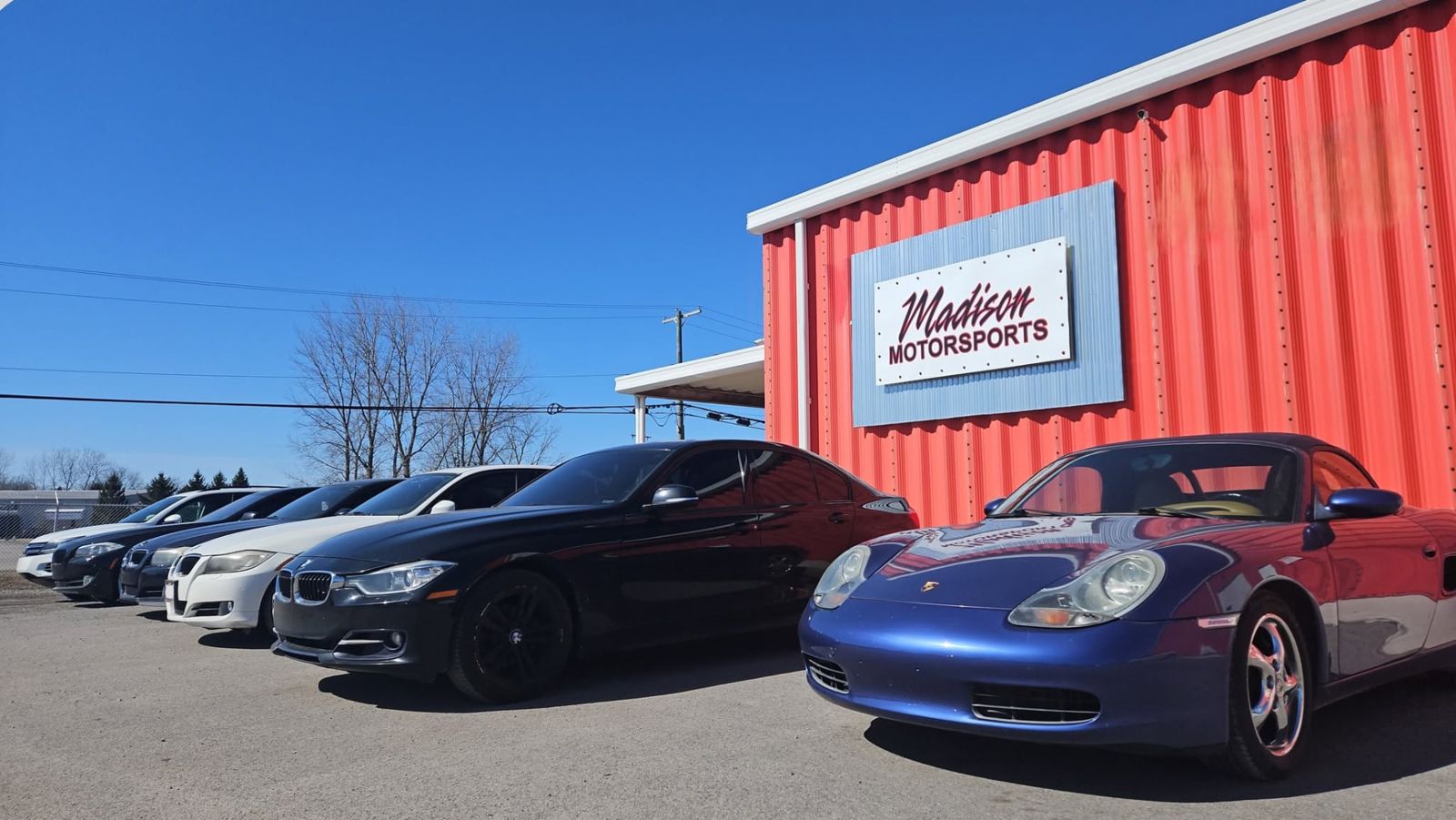 Cars lined up outside the Madison Motorsports shop