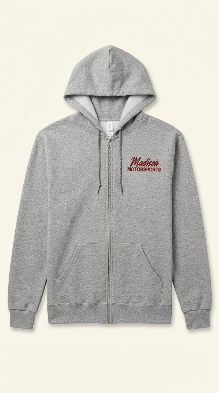 Gray Madison Motorsports zip-up hoodie