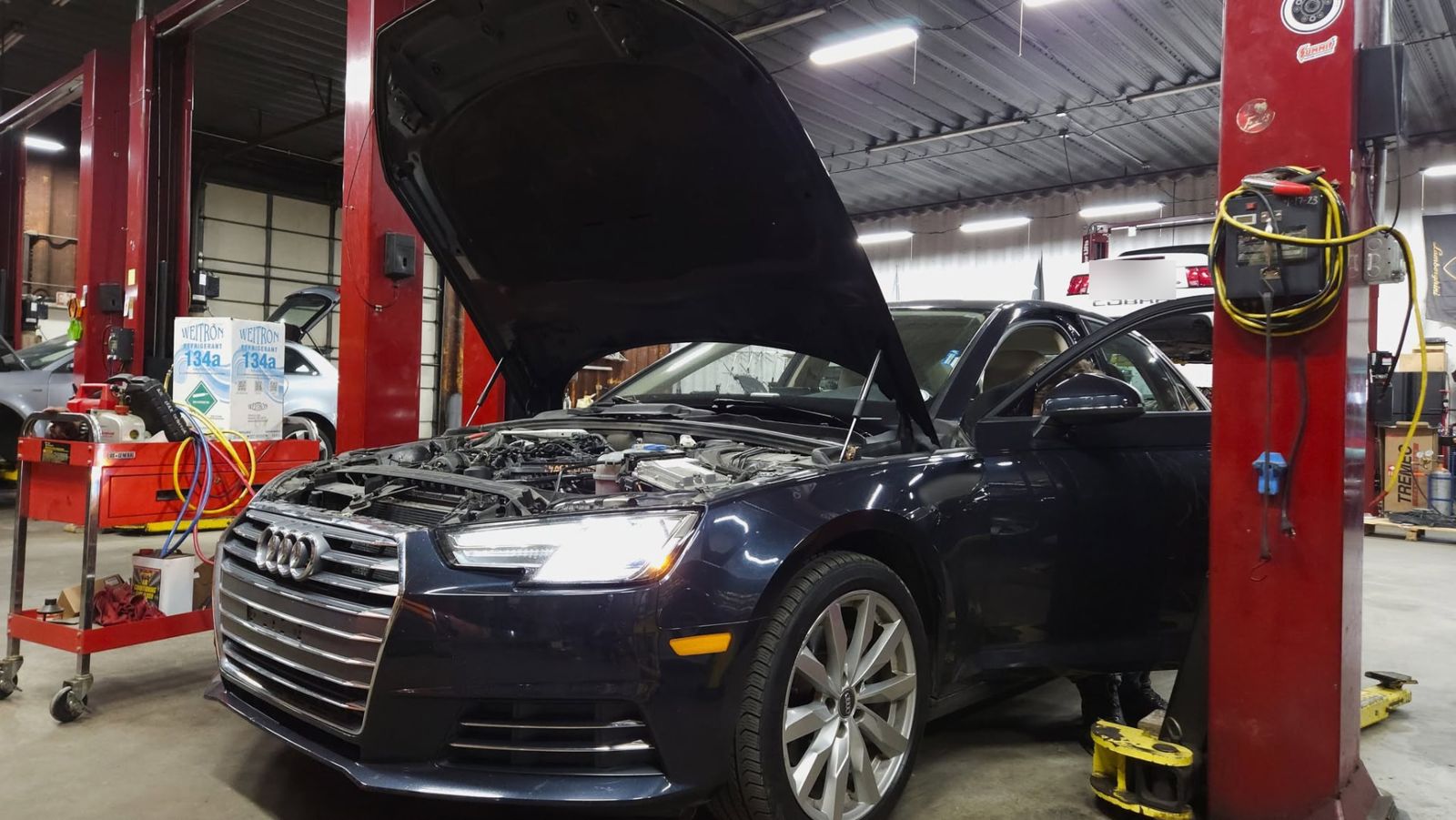 Audi A4 in for service on the shop floor