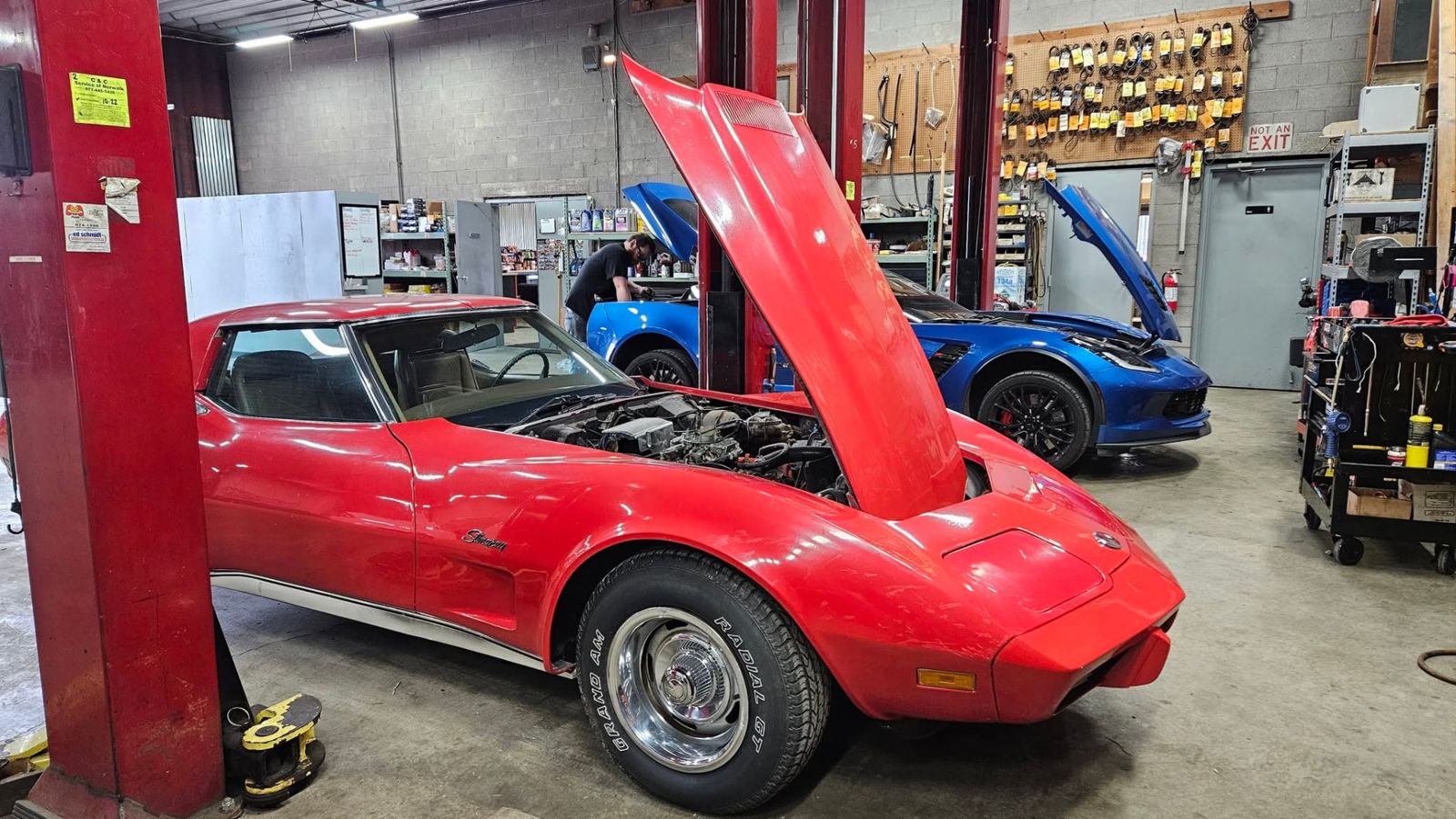 Classic red Corvette Stingray in the shop